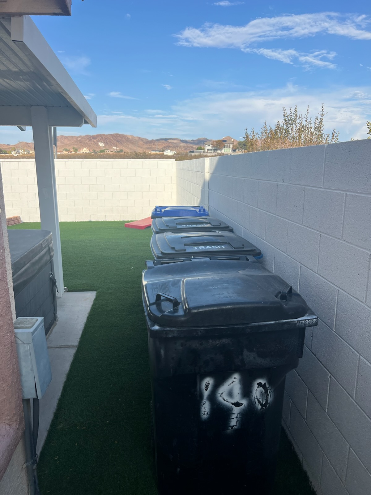 Residential bins stored along a shaded side yard with desert mountains in the distance